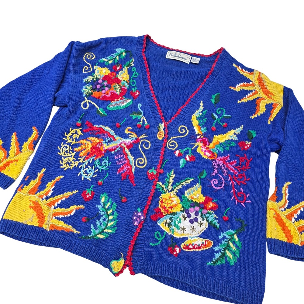 BellePointe‎ Vintage Blue Fruit Bird Sun Embroidered Cardigan Spring Sweater 1X